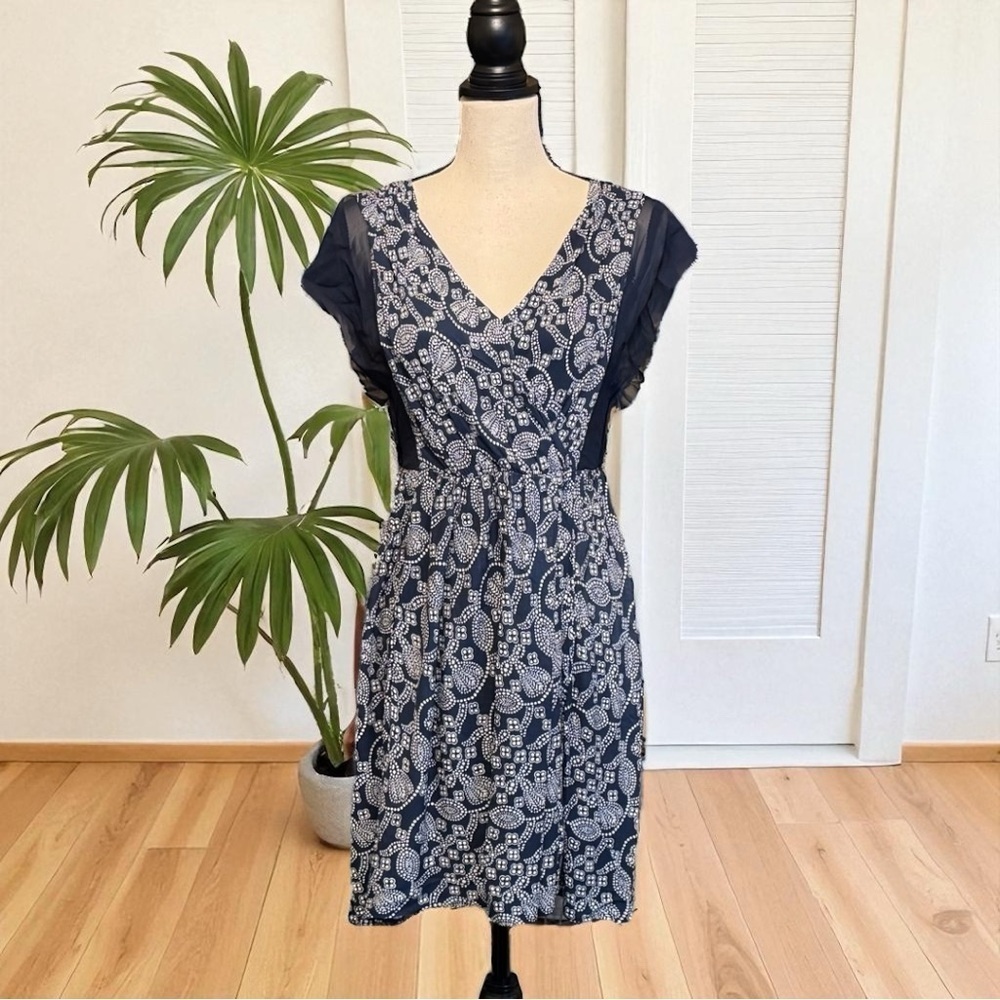 JUICY COUTURE Navy Blue & White Paisley Ruffle Sleeve Dress - Size P